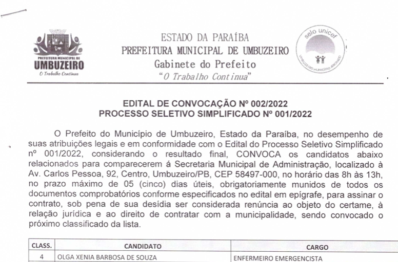 EDITAL DE CONVOCAÇÃO Nº 002/2022