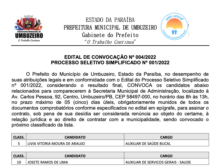 EDITAL DE CONVOCAÇÃO Nº 004/2022