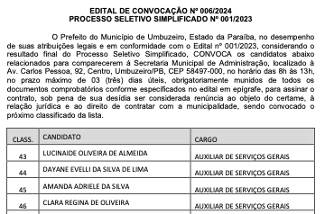 EDITAL DE CONVOCAÇÃO Nº 006/2024