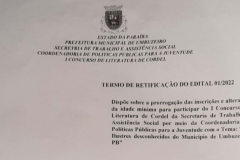 Prorrogação das inscrições do I Concurso de Literatura de Cordel e alteração da idade mínima para participar do I Concurso de Literatura de Cordel