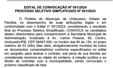 EDITAL DE CONVOCAÇÃO N° 001/2024 PROCESSO SELETIVO SIMPLIFICADO N° 001/2023